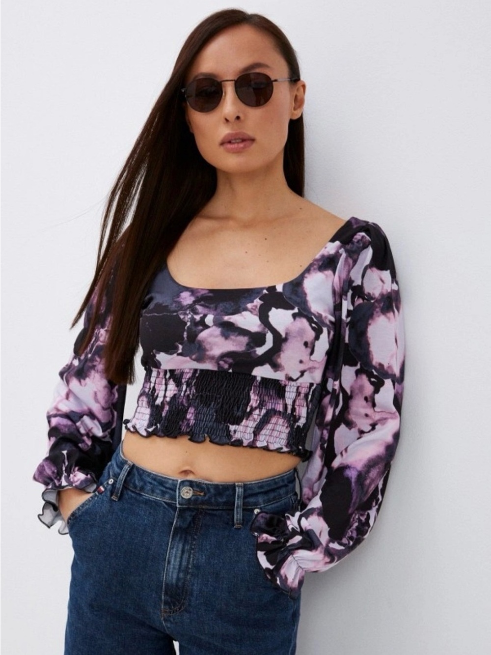 Topshop Purple Floral Smocked Crop Top